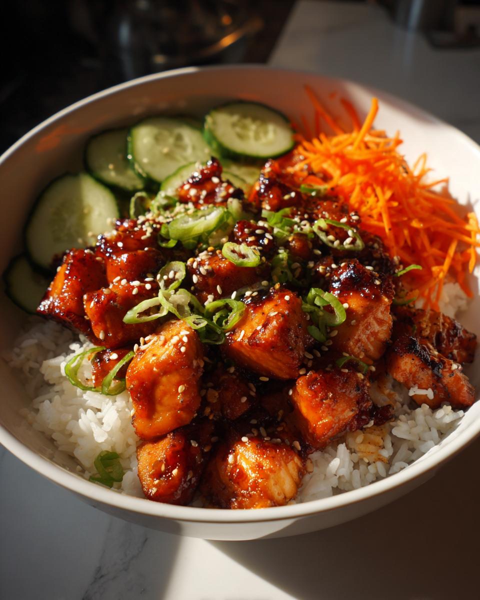 Close-up of a delicious salmon bowl featuring glazed salmon pieces over white rice, garnished with sesame seeds, scallions, cucumbers, and shredded carrots.