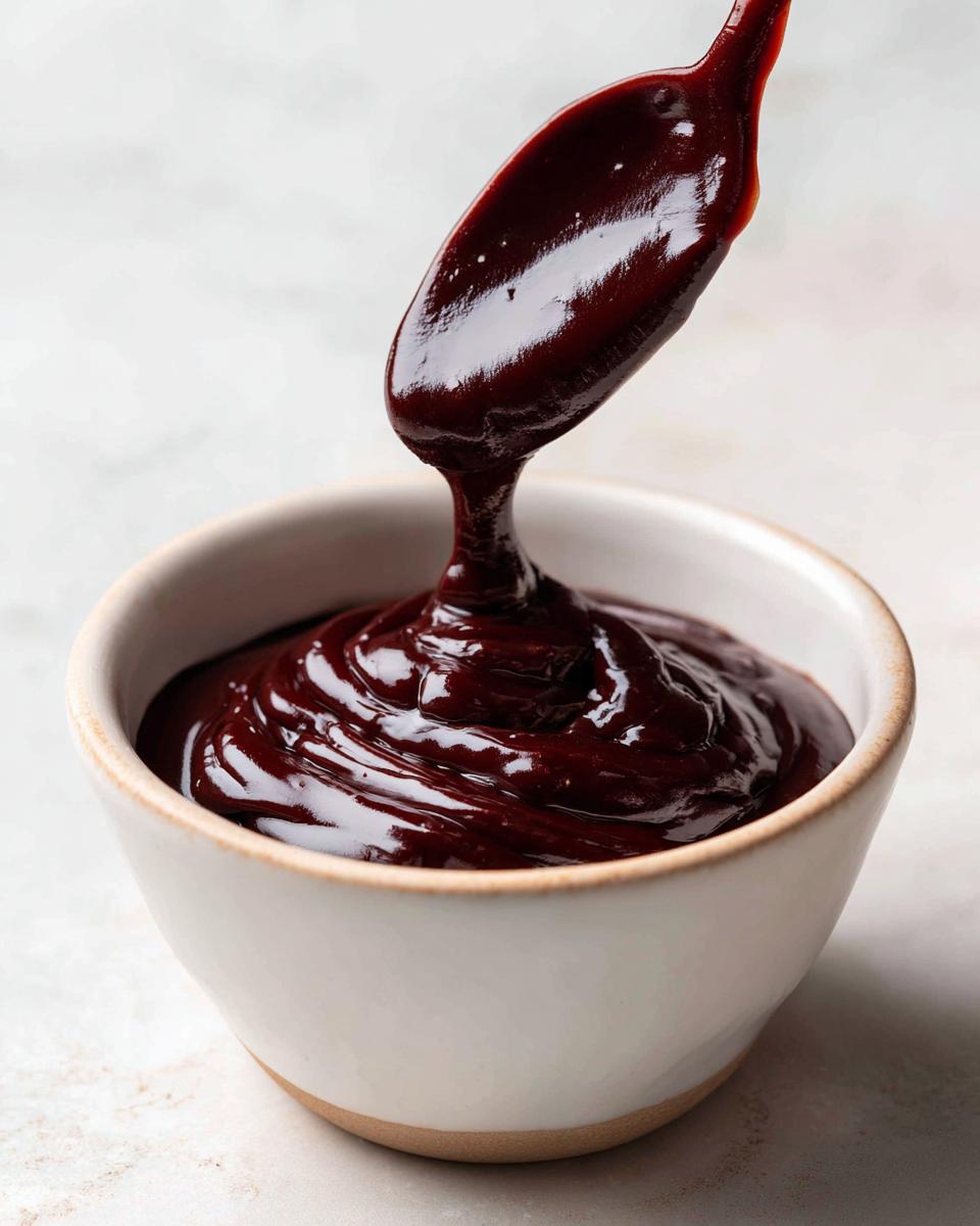 A spoonful of thick, glossy, dark chocolate ganache dripping back into a small white bowl.
