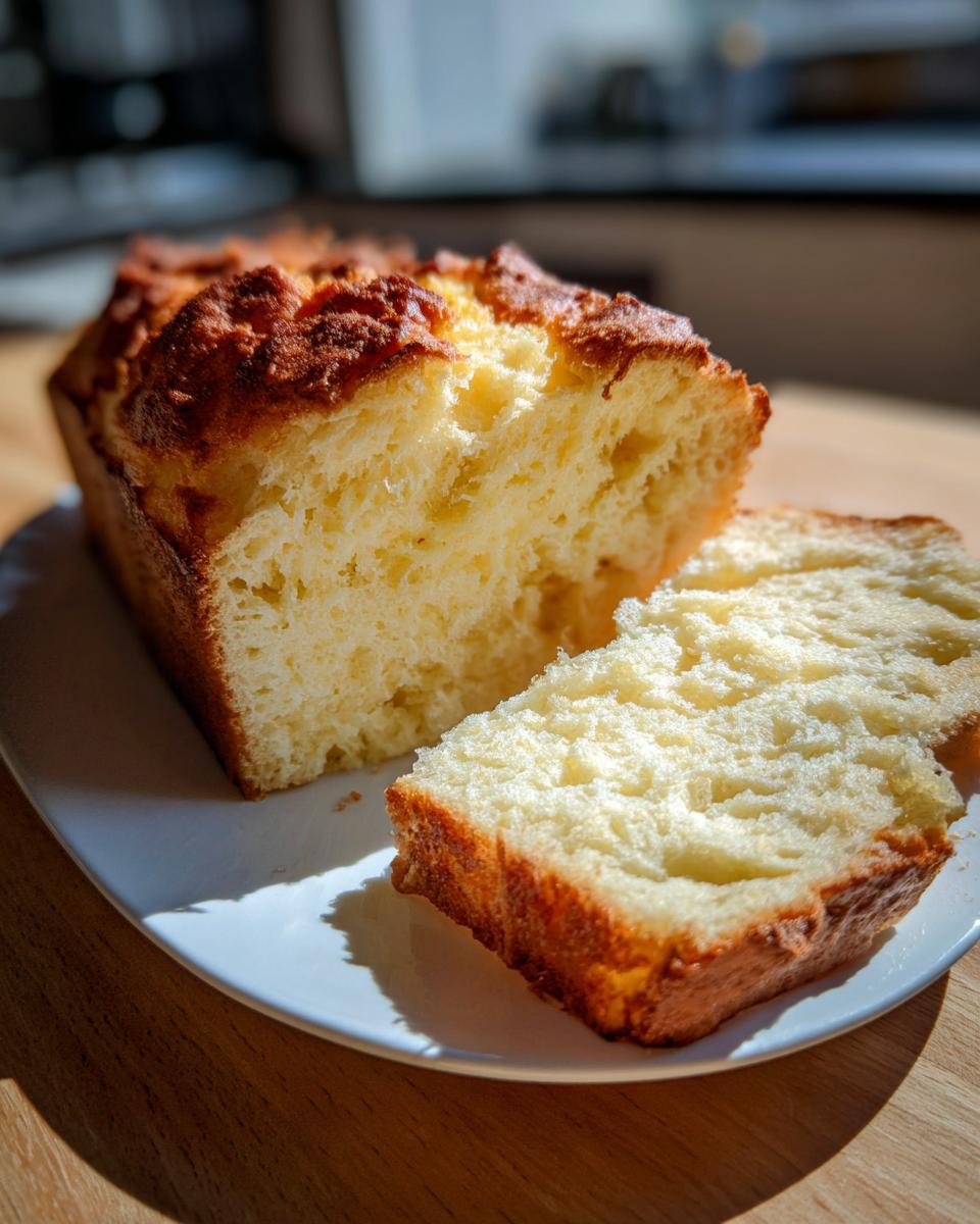 Close-up of a golden brown, fluffy 3-ingredient carnivore bread loaf with two slices cut and resting on a white plate.