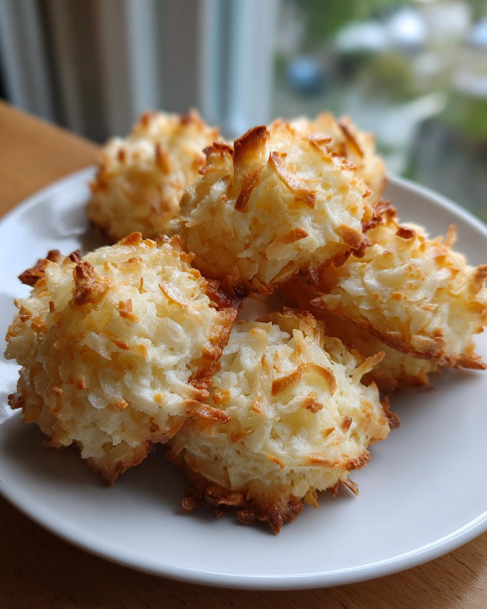 A close-up of several golden brown, toasted coconut cookies piled on a white plate.