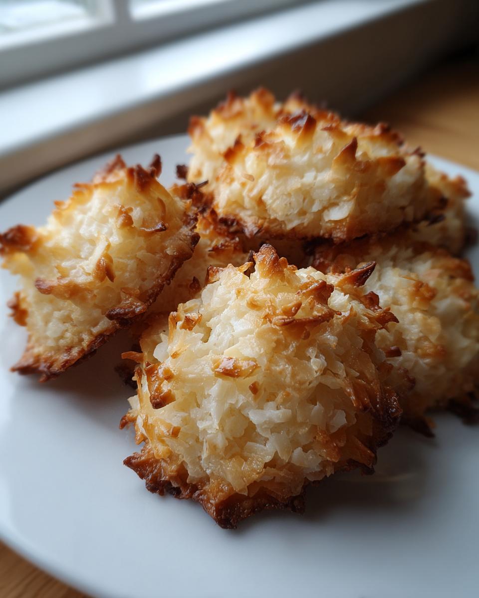 A close-up of four perfectly baked, golden brown coconut cookies piled on a white plate.