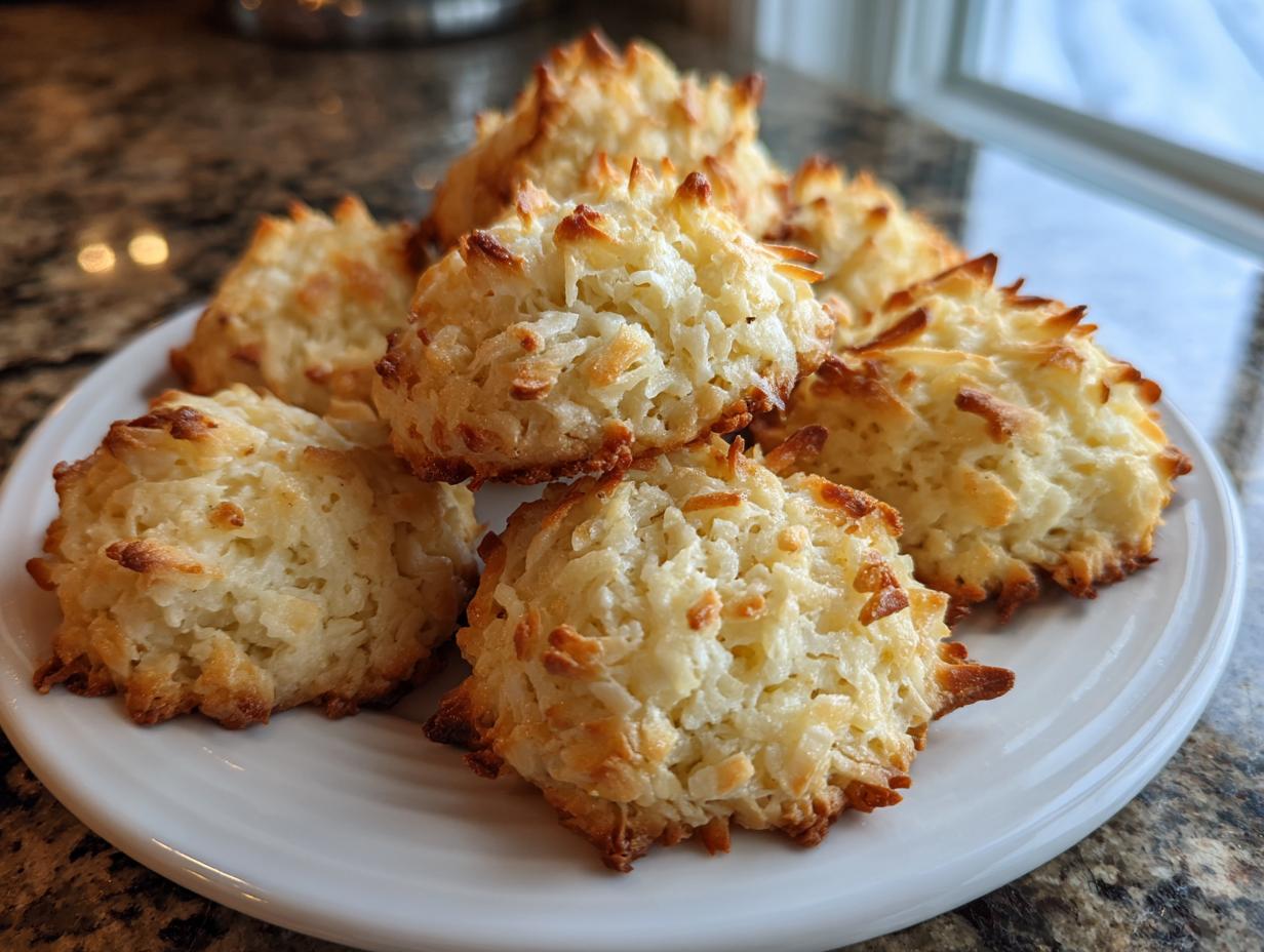 A close-up of several golden brown, textured coconut cookies stacked on a white plate.