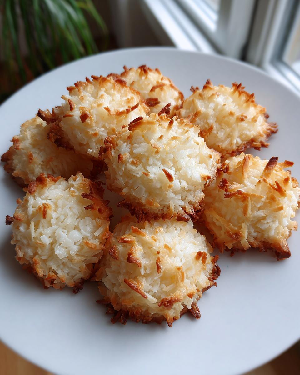 A white plate holding several perfectly baked, golden brown coconut cookies with toasted edges.