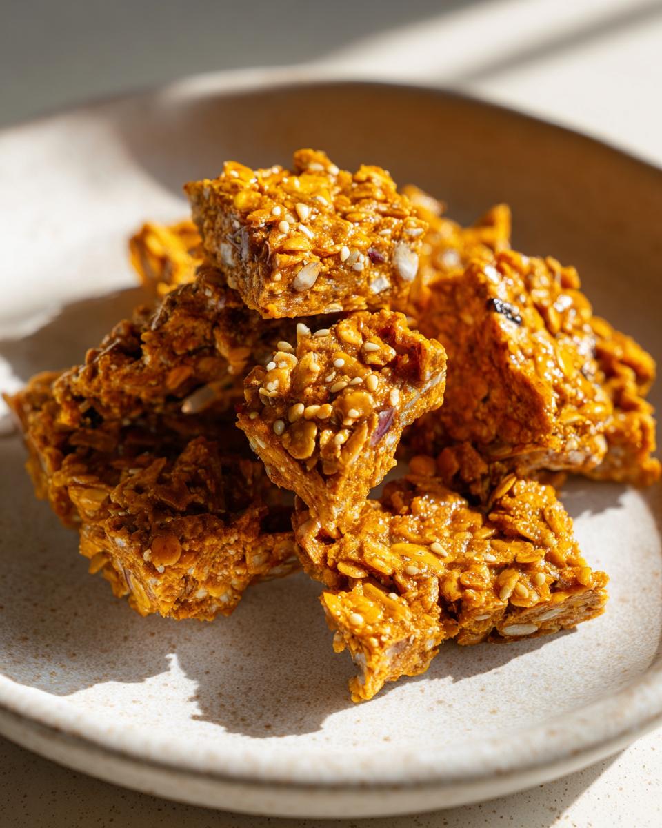 Close-up of golden, sticky pieces of homemade seed brittle piled on a speckled ceramic plate.