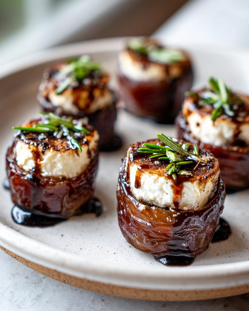 Close-up of gourmet stuffed dates appetizer topped with creamy goat cheese, balsamic glaze, and fresh rosemary.