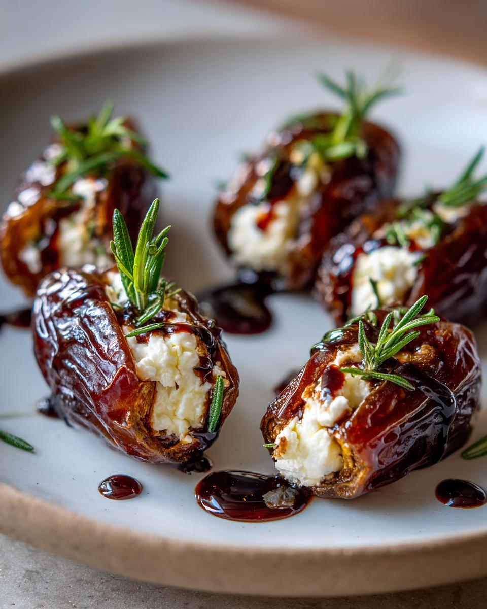 Close-up of four gourmet stuffed dates filled with white cheese, drizzled with balsamic glaze, and topped with fresh rosemary sprigs.