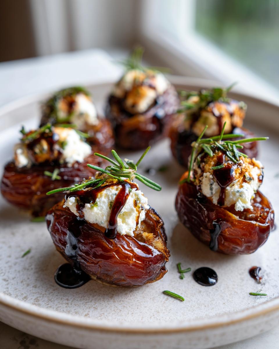 Close-up of gourmet stuffed dates appetizer, filled with creamy cheese and drizzled with balsamic glaze and rosemary.
