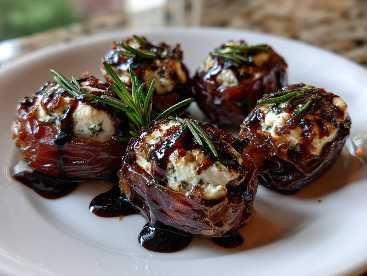 Four glistening stuffed dates appetizer bites filled with creamy cheese and drizzled with balsamic glaze, garnished with rosemary.
