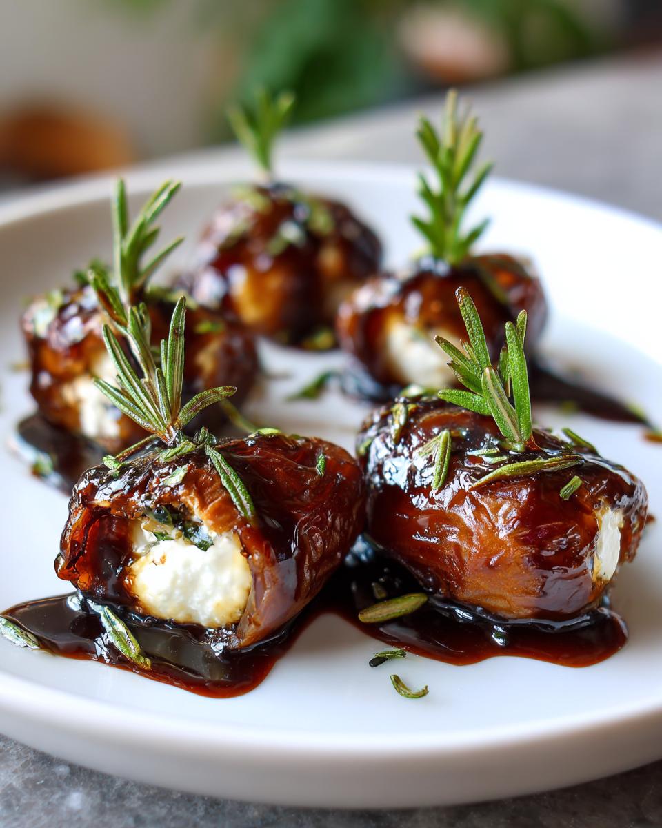 Close-up of four gourmet stuffed dates filled with white cheese, drizzled with dark glaze, and garnished with rosemary sprigs.
