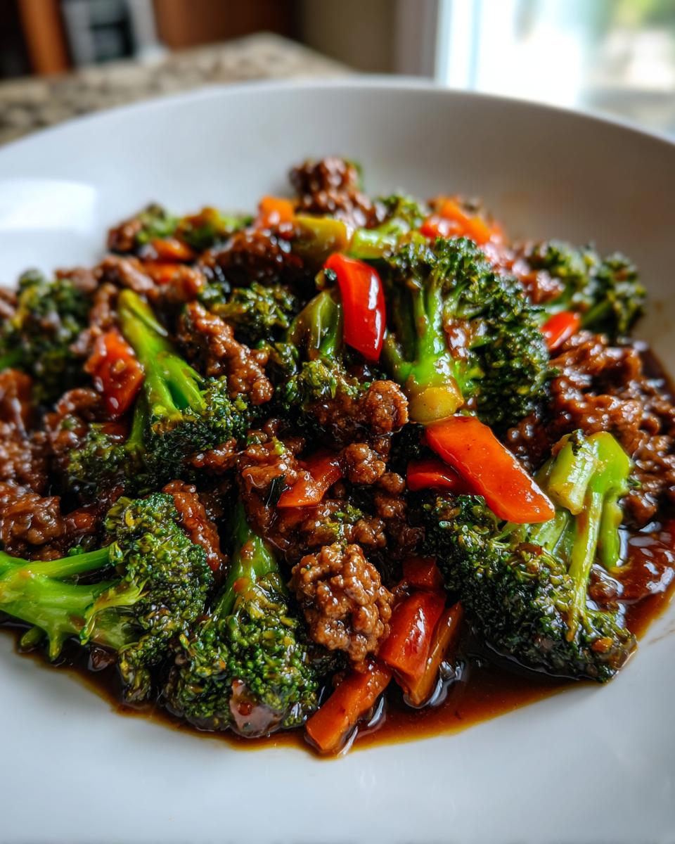 Close-up of a serving of amazing ground beef stir fry mixed with bright green broccoli florets and red peppers.