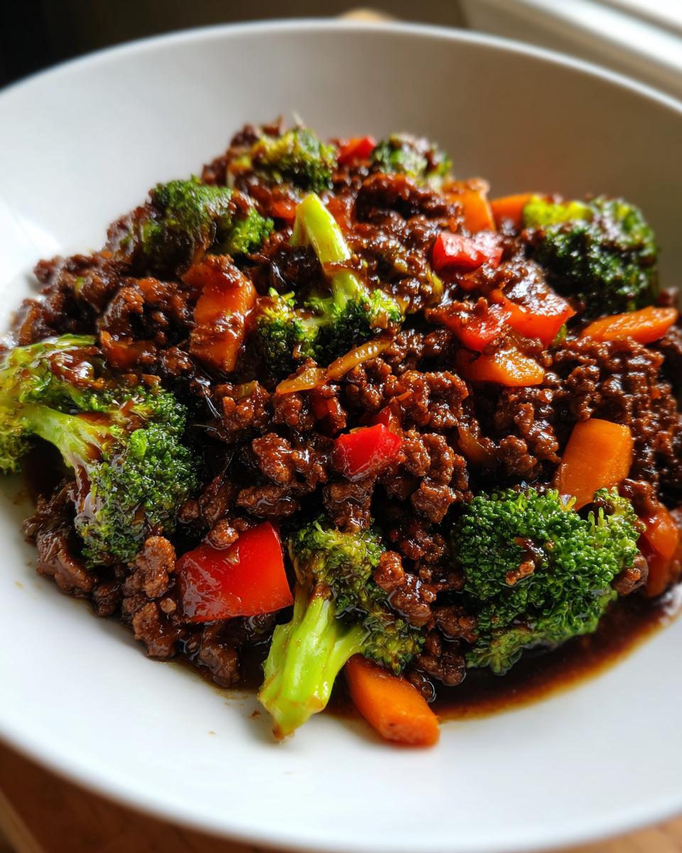 A close-up of a savory ground beef stir fry mixed with bright green broccoli florets and chunks of red pepper and carrot.
