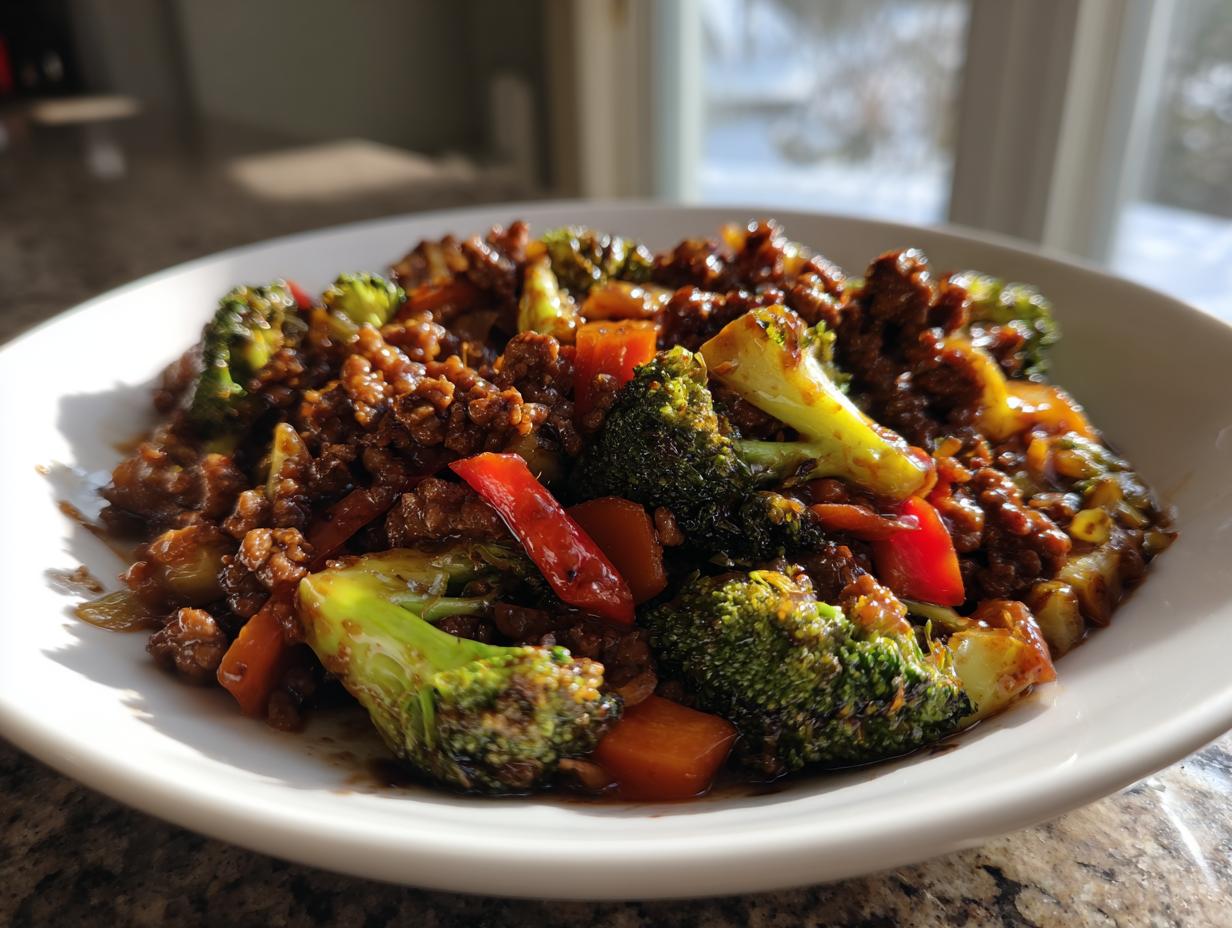 A close-up of a serving of glossy ground beef stir fry mixed with bright green broccoli florets and red bell peppers.
