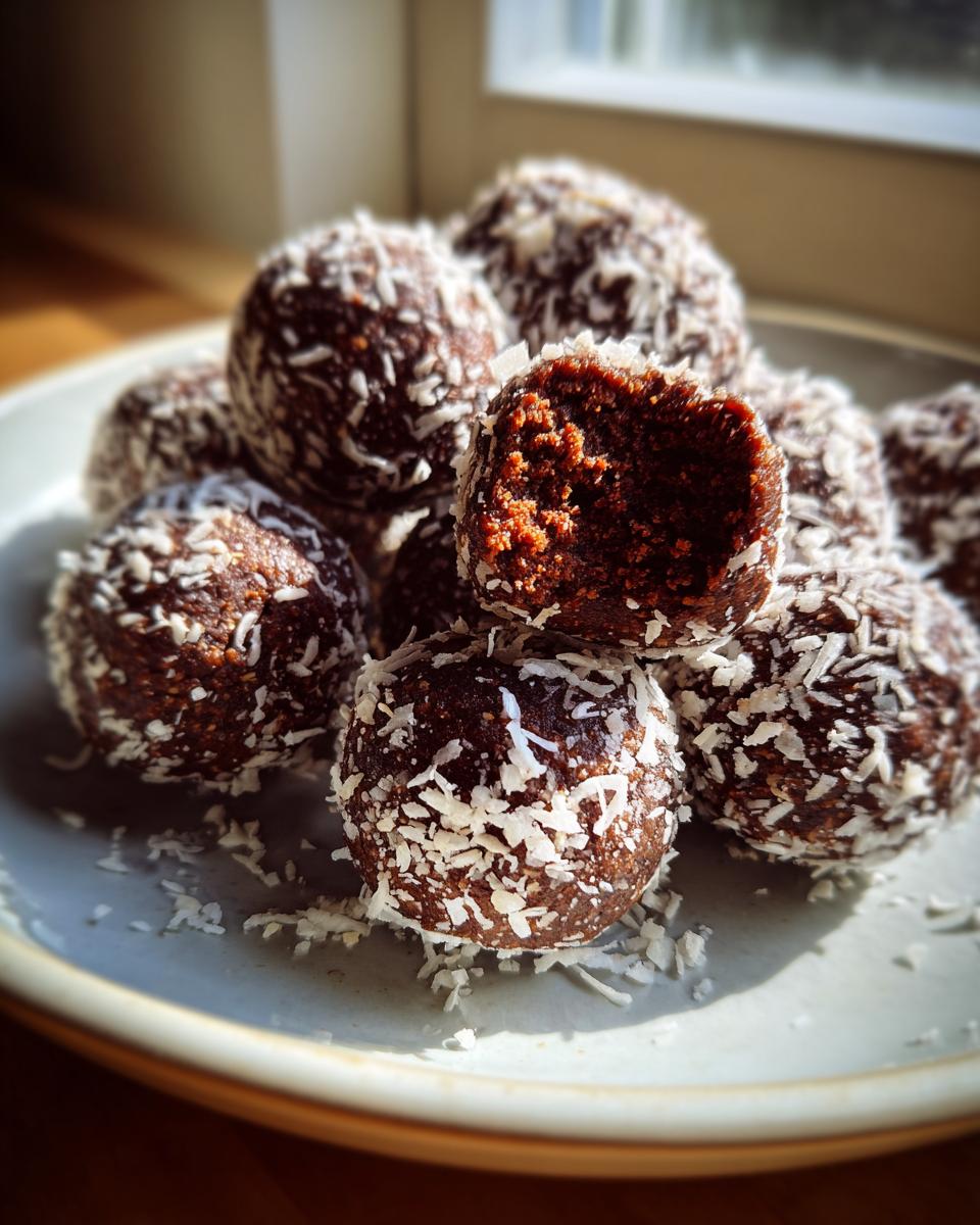 A stack of dark chocolate high protein coffee truffles rolled in shredded coconut, with one bitten truffle showing the dense interior.