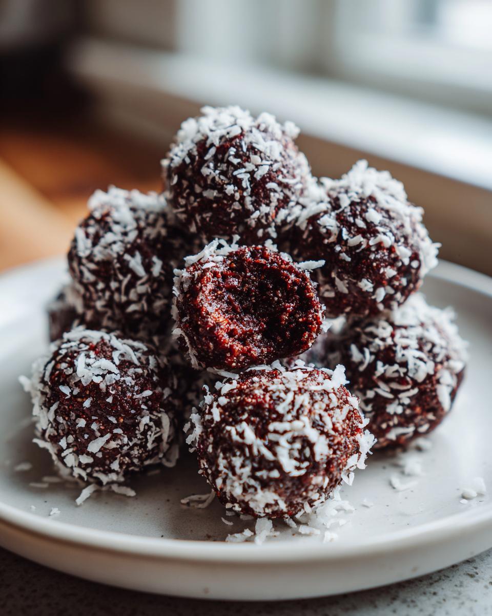 A stack of dark, rich high protein coffee truffles rolled in shredded coconut, with one truffle broken open.