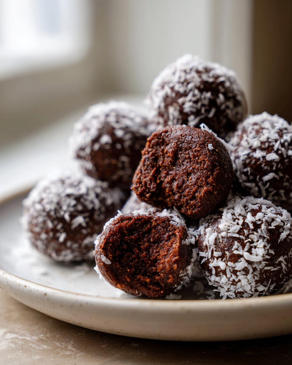 A stack of rich, dark high protein coffee truffles rolled in shredded coconut, one is bitten open.