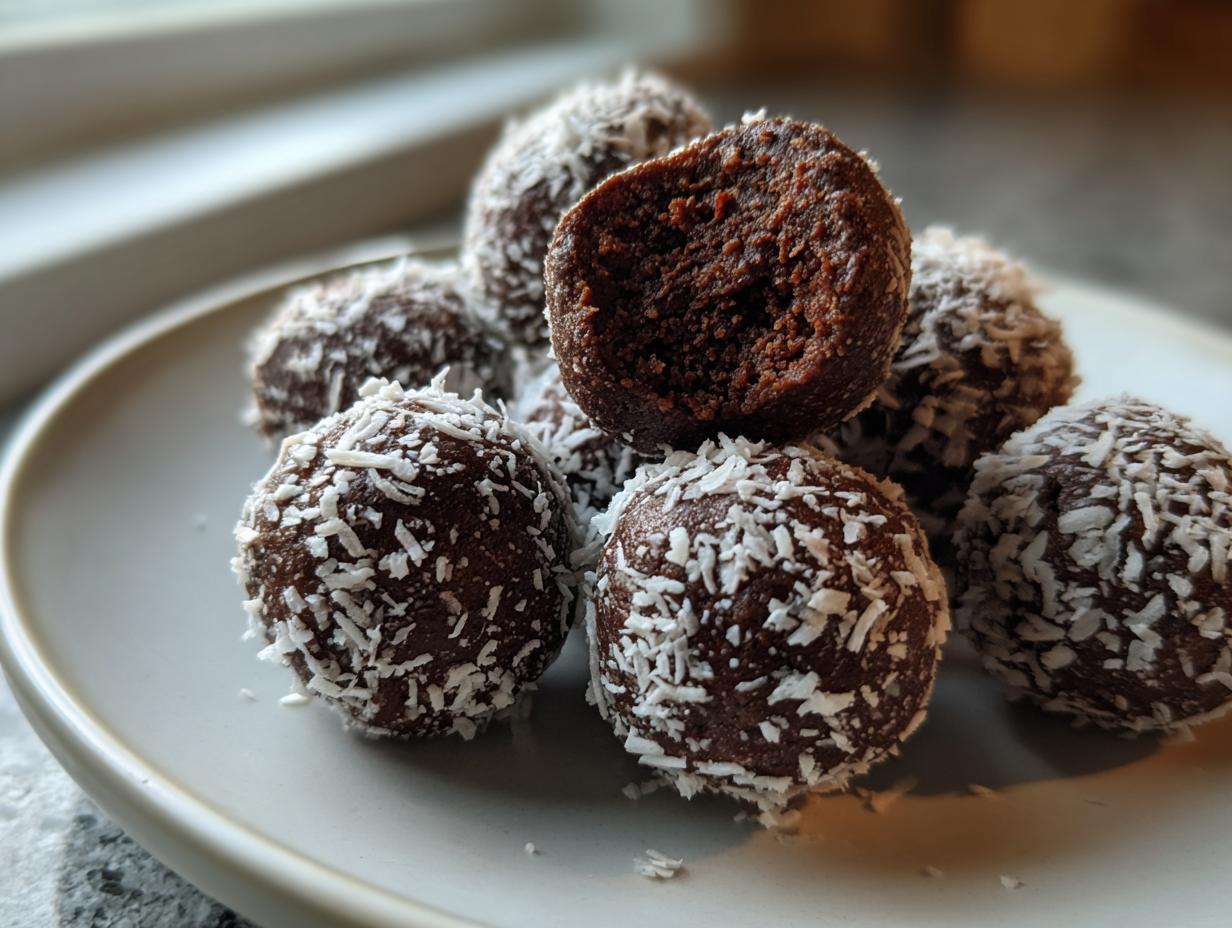 Close-up of several rich, dark high protein coffee truffles coated in shredded coconut, one truffle is bitten open.