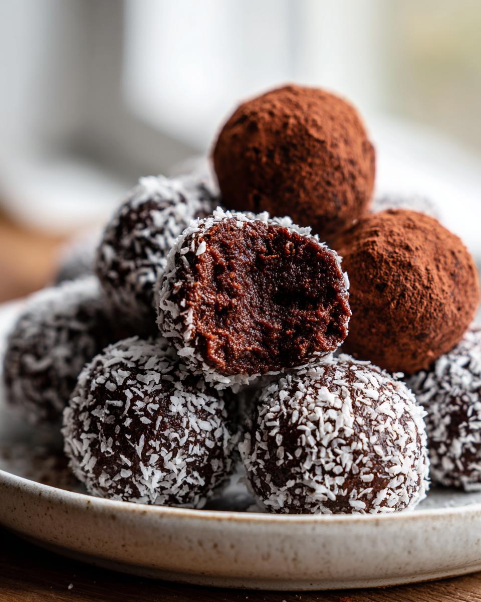 A close-up of several high protein coffee truffles, some rolled in shredded coconut and others dusted with cocoa powder.