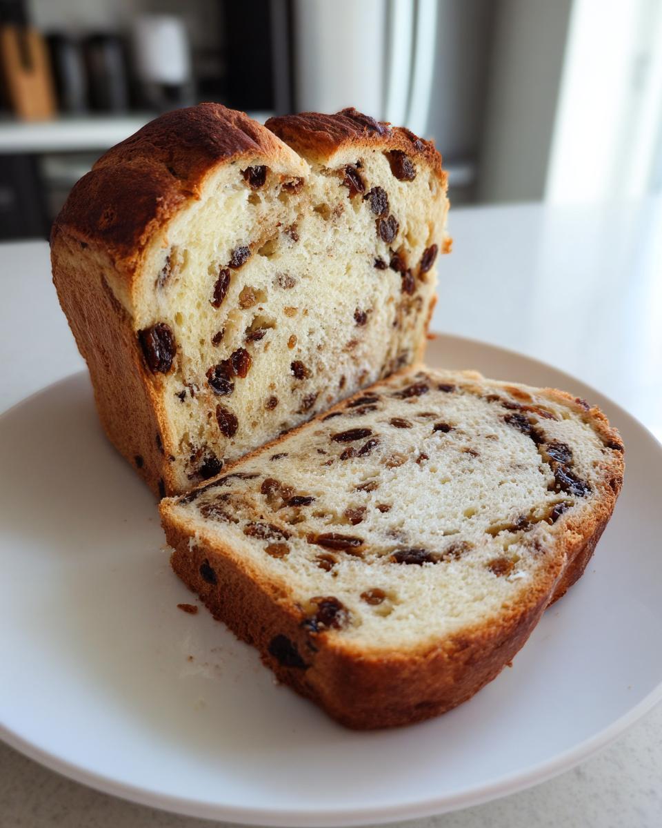 A close-up of a loaf of homemade raisin bread, partially sliced, showing the soft interior packed with raisins.
