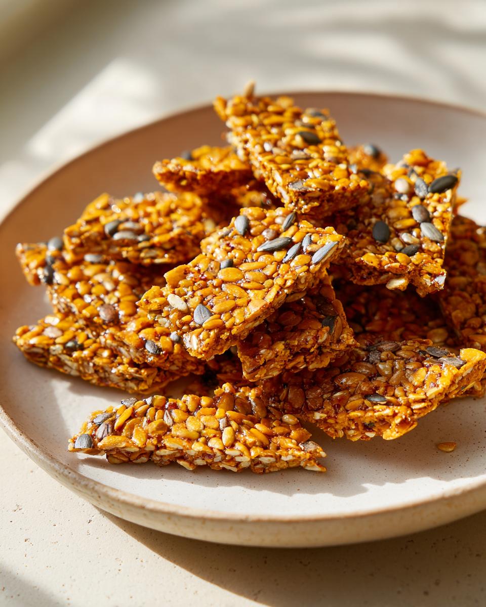 Close-up of broken pieces of shiny, golden seed brittle piled on a light ceramic plate.