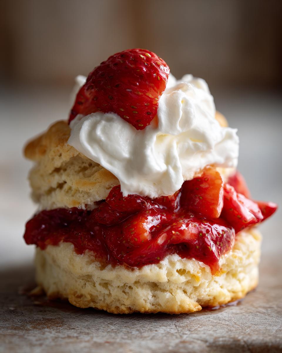 A delicious, stacked strawberry shortcake featuring a biscuit, macerated strawberries, and whipped cream topping.