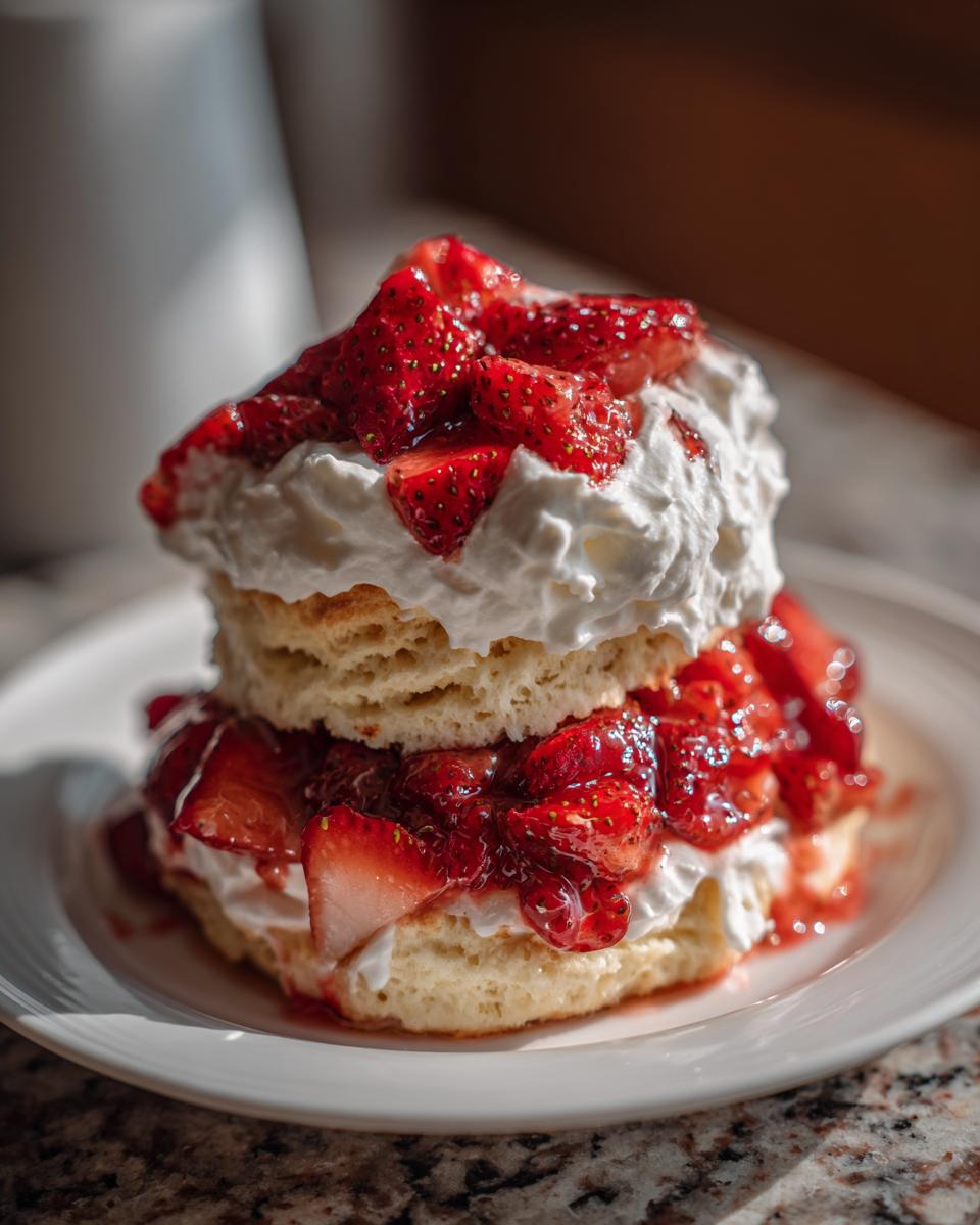 A delicious homemade shortcake layered with whipped cream and macerated strawberries, served on a white plate.