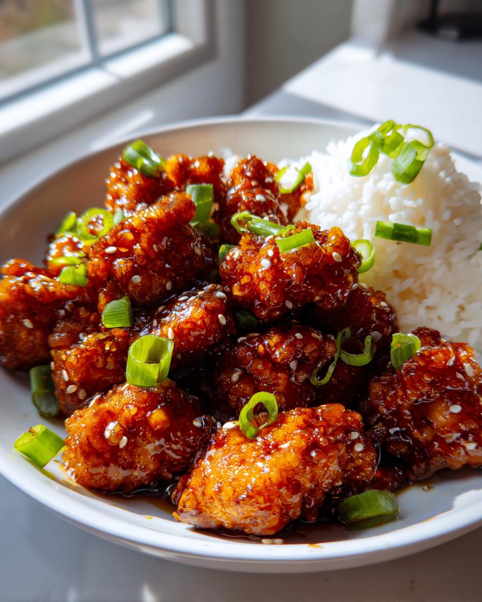 Close-up of crispy, glazed honey garlic chicken pieces served next to white rice and garnished with green onions.