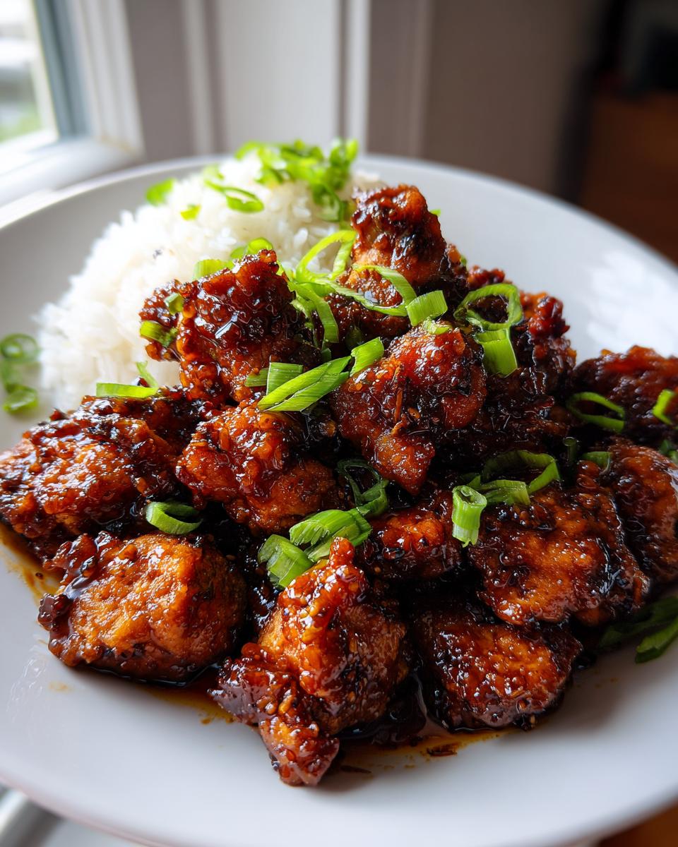 Close-up of glossy, dark glazed honey garlic chicken pieces served over white rice and topped with fresh green scallions.