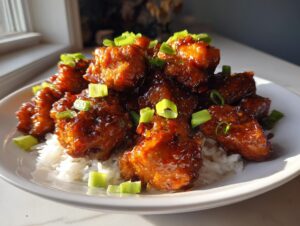 Close-up of sticky, glazed honey garlic chicken pieces piled high over white rice and garnished with sliced green onions.