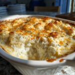 Close-up of a creamy, baked crab dip recipe topped with browned cheese and paprika in a white serving dish.