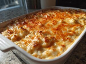 A close-up of a hot, baked crab dip recipe in a white casserole dish, featuring a bubbly, golden-brown cheese crust.