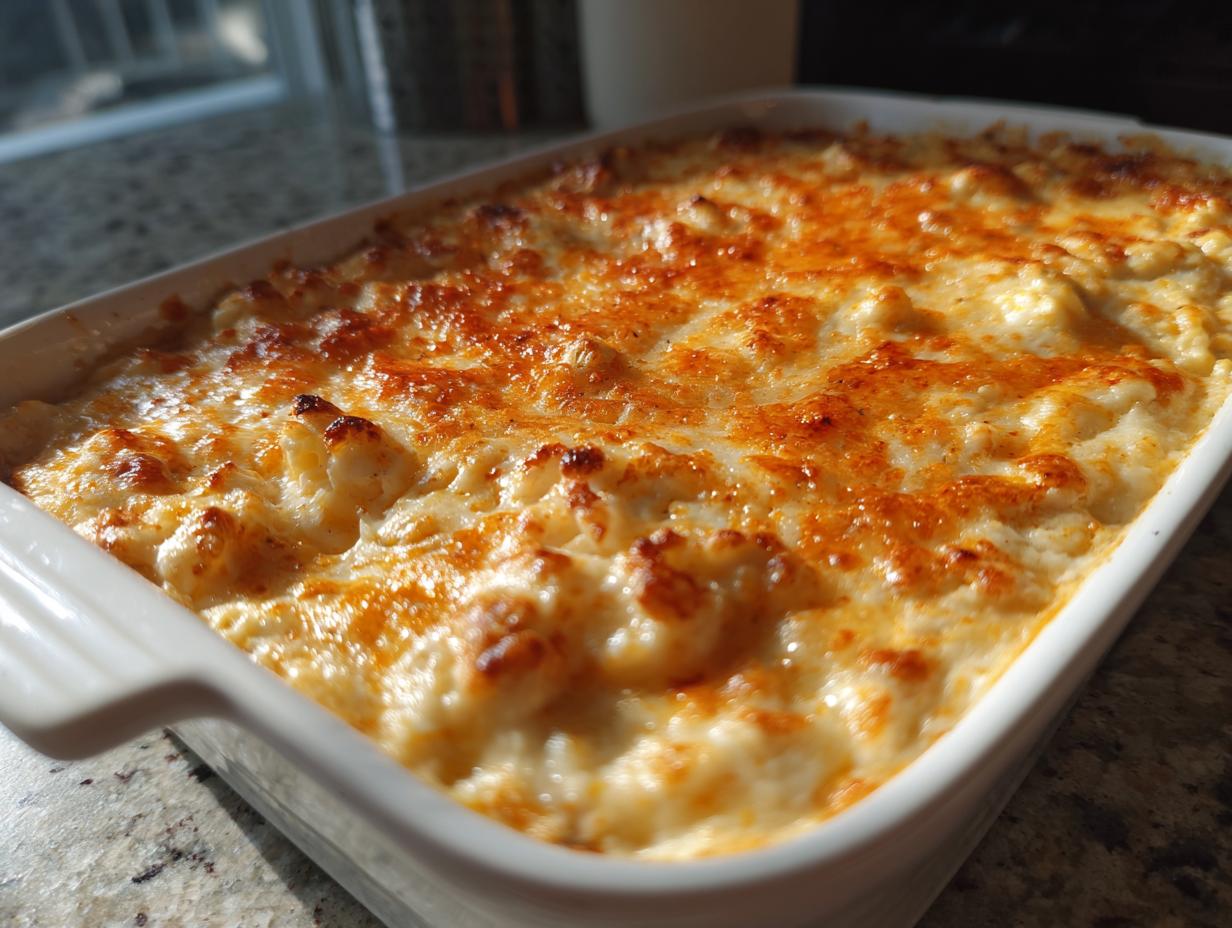 A close-up of a hot, baked crab dip recipe in a white casserole dish, featuring a bubbly, golden-brown cheese crust.