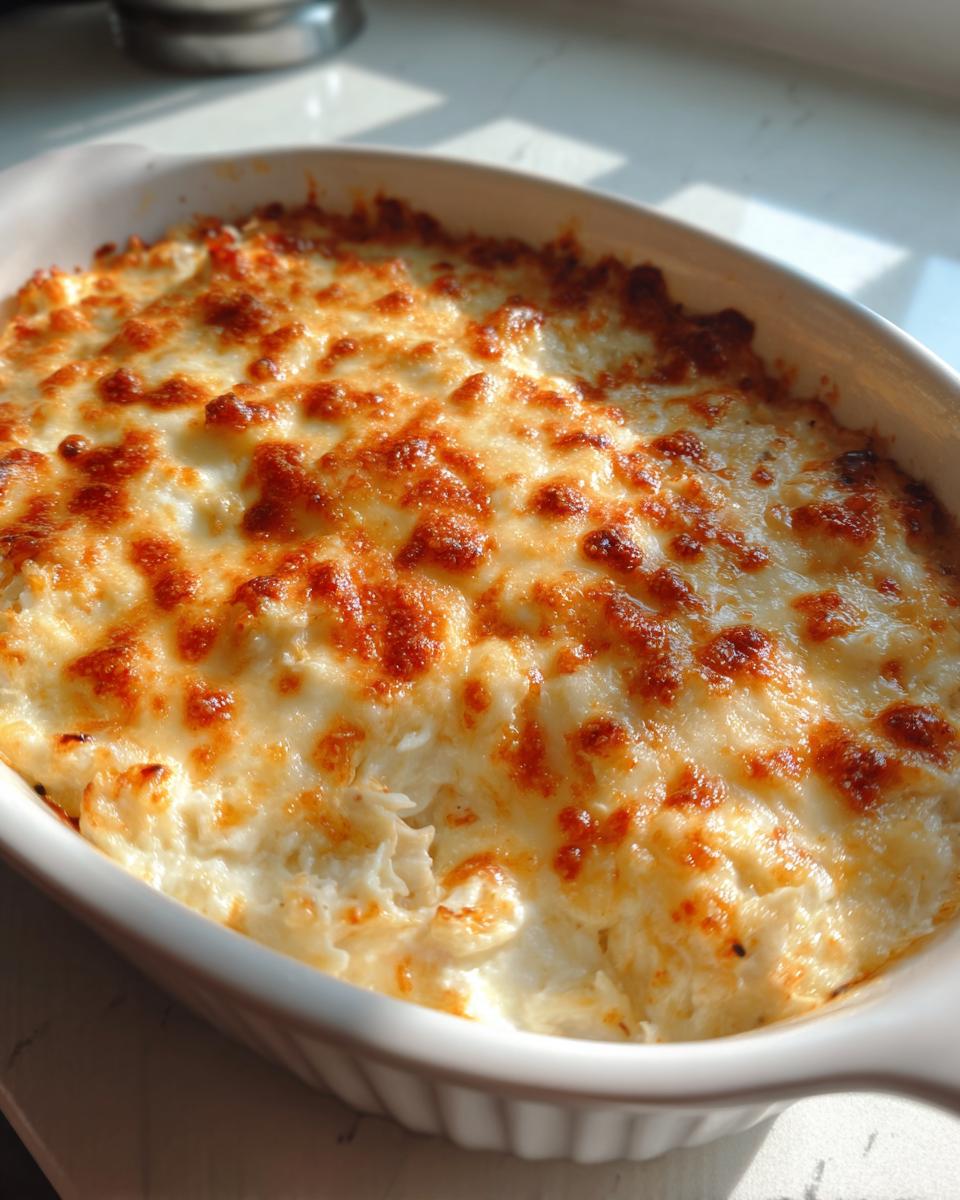 Close-up of a hot, bubbly crab dip recipe topped with perfectly browned, melted cheese.