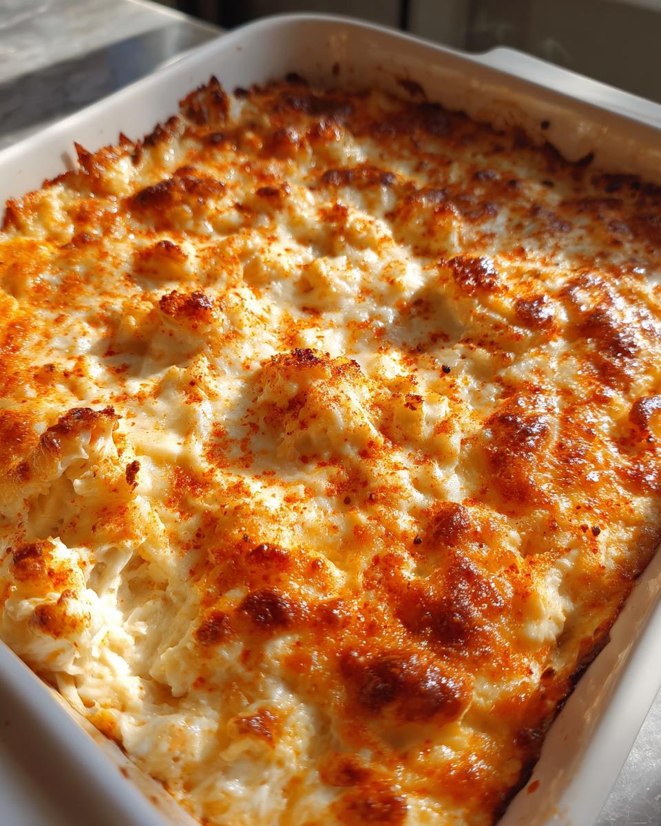Close-up of a hot, creamy, baked crab dip recipe topped with browned cheese and paprika in a white square baking dish.
