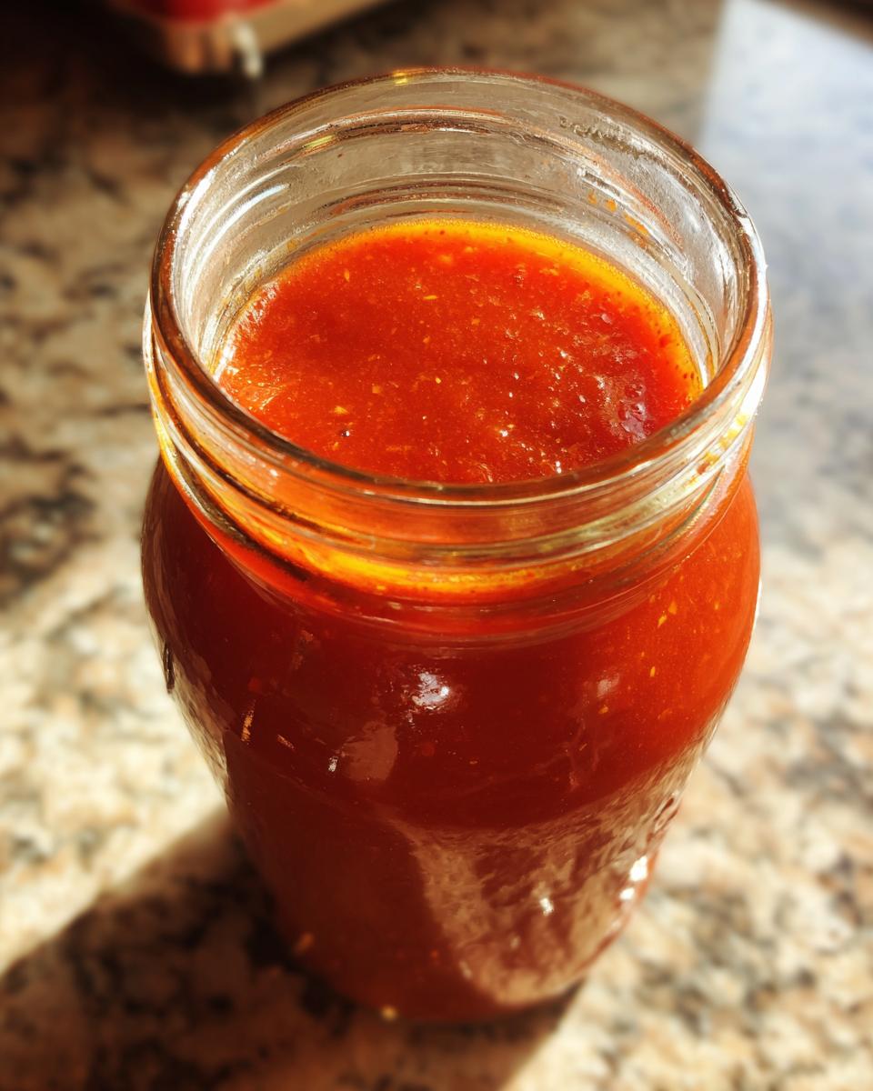 Close-up of a glass jar filled with vibrant, thick homemade hot sauce sitting on a granite countertop.