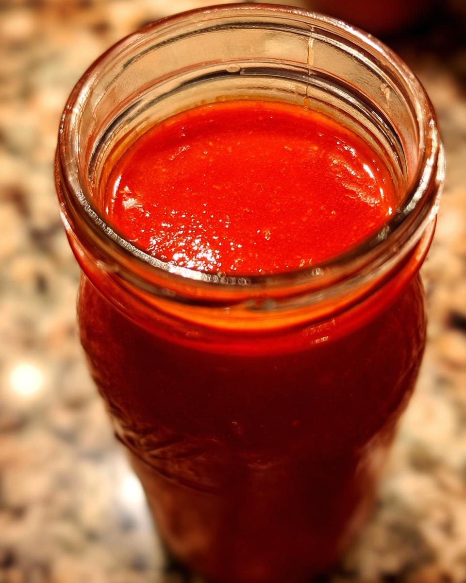 Close-up of a glass jar filled with vibrant, smooth homemade hot sauce.