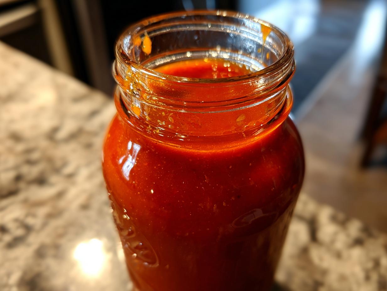 Close-up of a glass jar filled with vibrant, thick homemade hot sauce resting on a granite countertop.