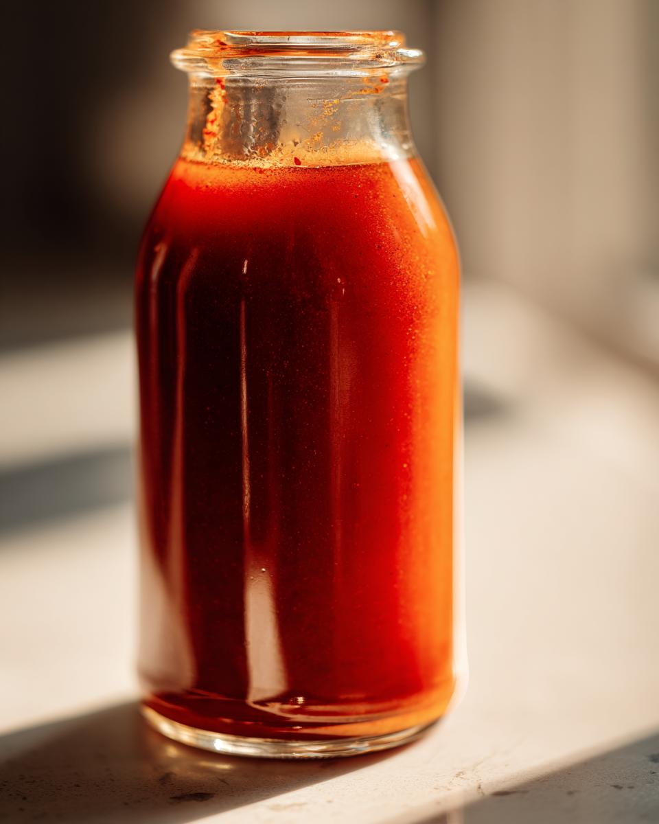 A tall, clear glass bottle filled with bright red homemade hot sauce, illuminated by natural sunlight.