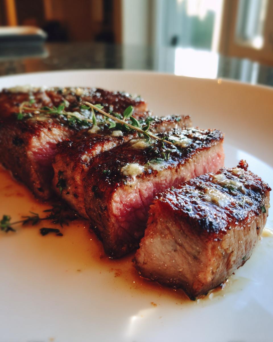 Close-up of perfectly cooked, medium-rare air fryer steak, sliced and topped with melting butter and fresh thyme.
