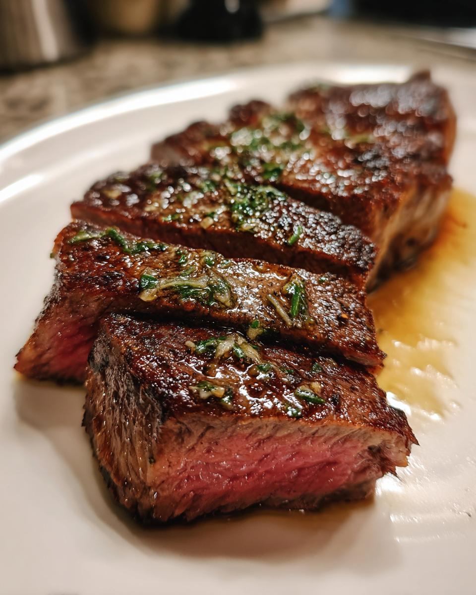 Close-up of a perfectly cooked air fryer steak, sliced to show a juicy medium-rare center and topped with herbs.