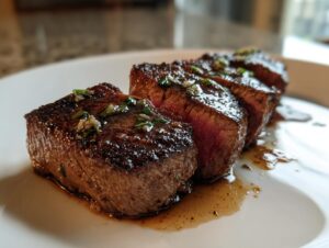 Close-up of perfectly cooked, medium-rare air fryer steak, sliced and drizzled with herb butter.