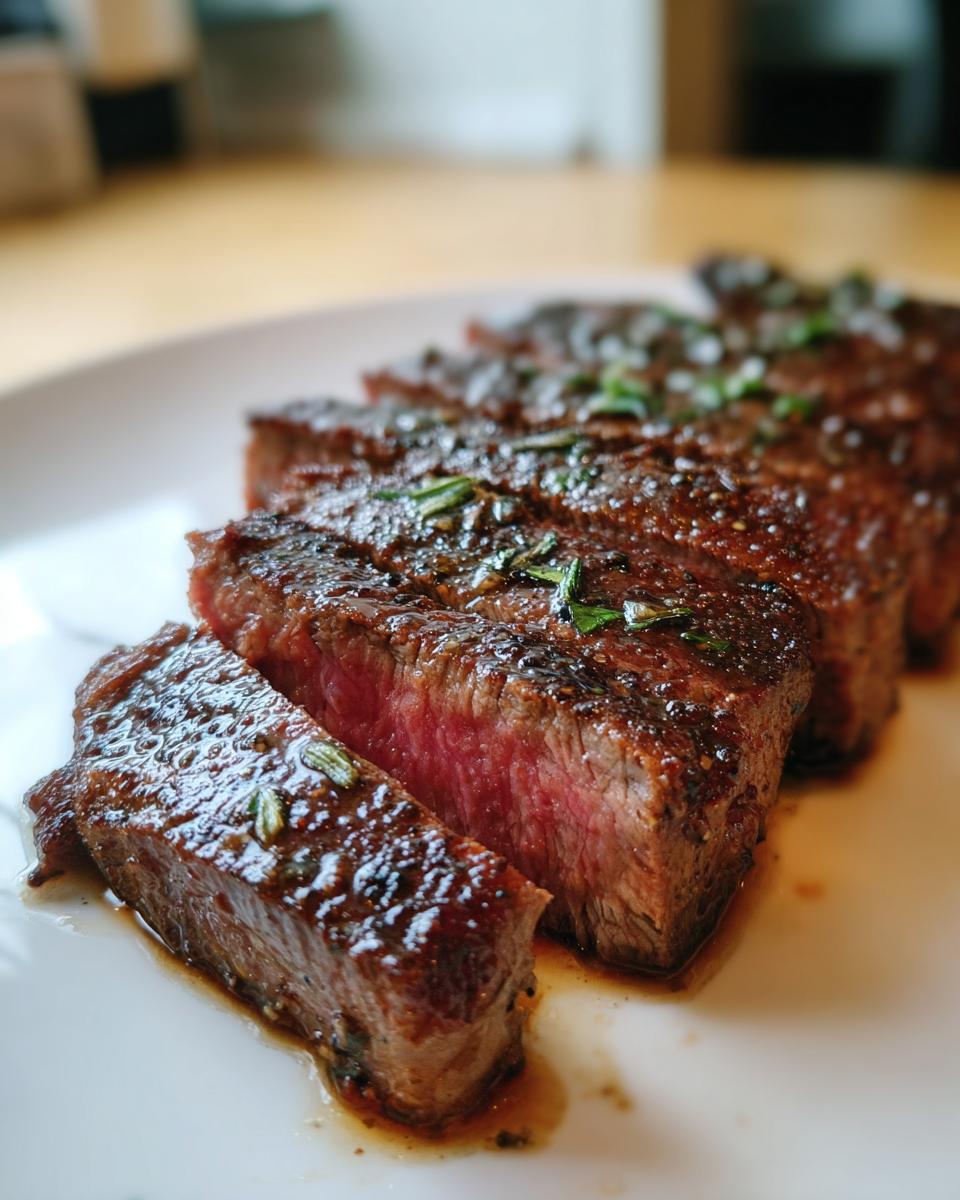 Close-up of perfectly cooked medium-rare air fryer steak, sliced and glistening with pan juices and herbs.