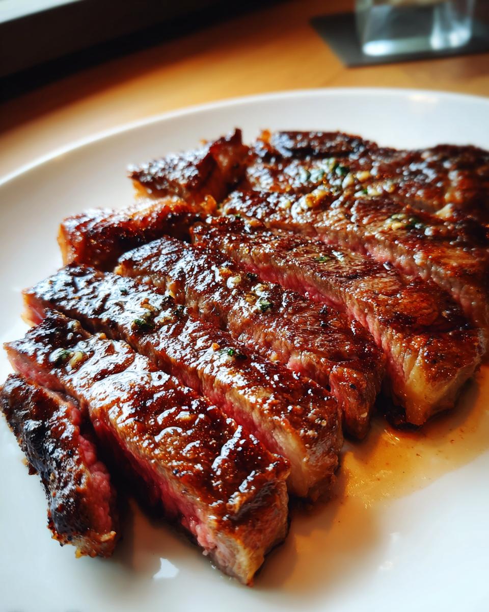 Close-up of perfectly cooked, medium-rare air fryer steak, sliced and glistening with butter and herbs.
