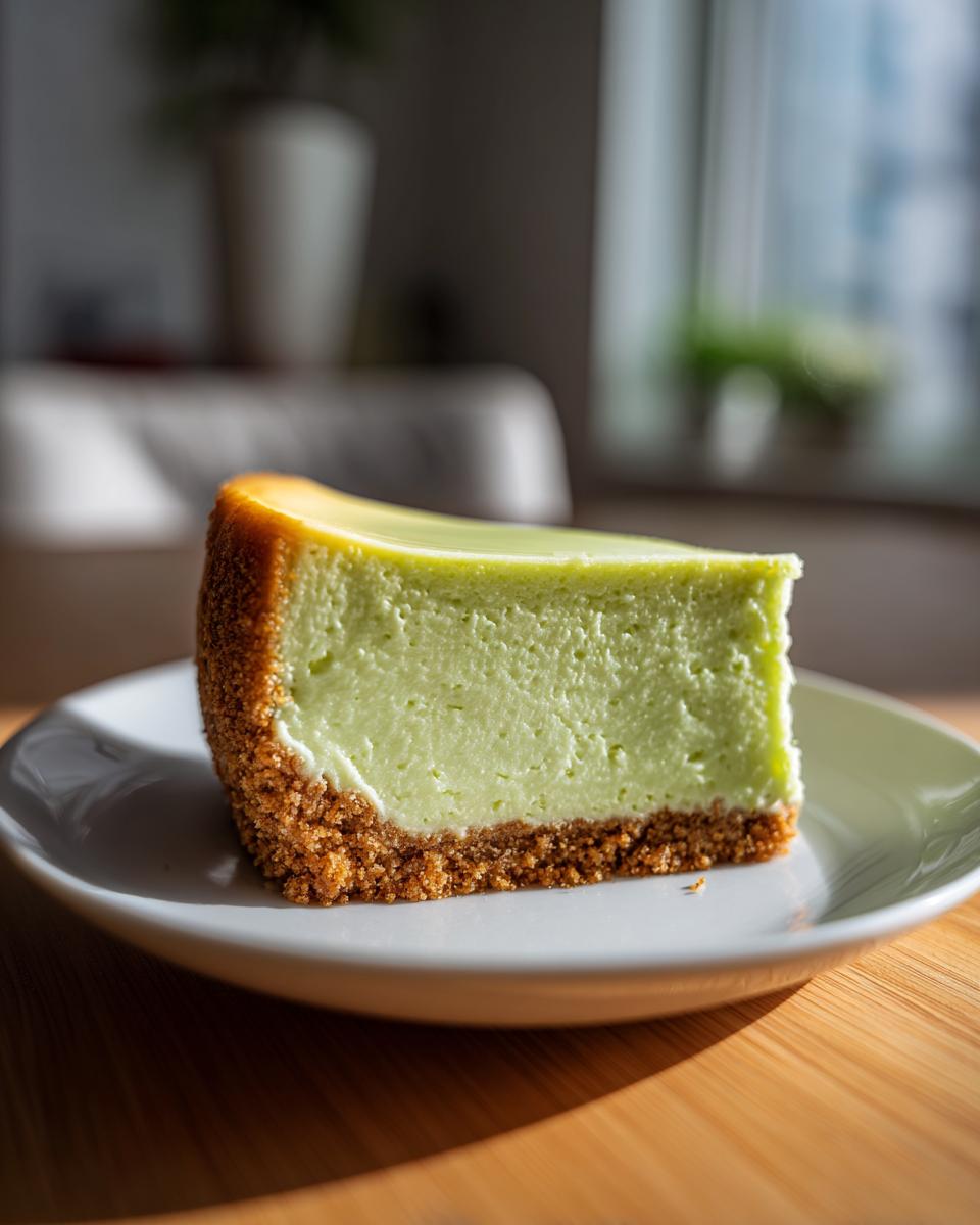 A perfect slice of vibrant green key lime cheesecake with a thick graham cracker crust, sitting on a white plate.