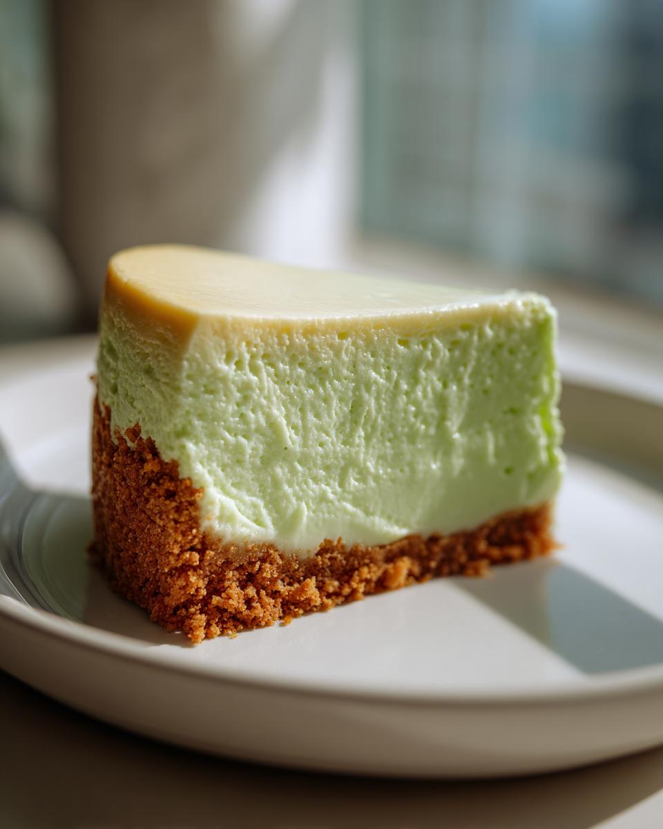 A perfect slice of key lime cheesecake showing the bright green filling and thick graham cracker crust, sitting on a white plate.