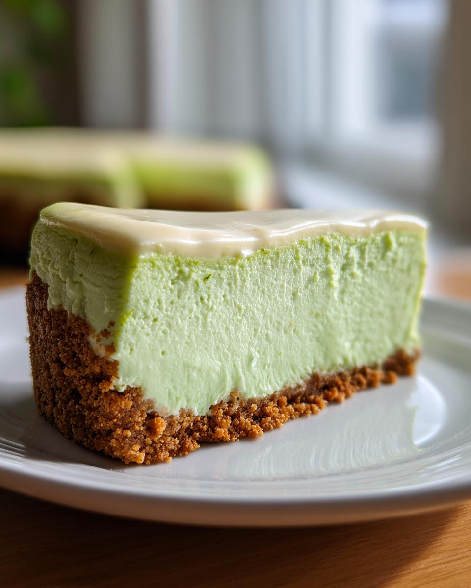 A close-up of a slice of bright green key lime cheesecake with a graham cracker crust and white glaze topping.