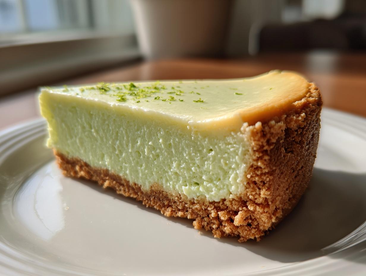 A close-up of a creamy slice of key lime cheesecake on a white plate, topped with lime zest.