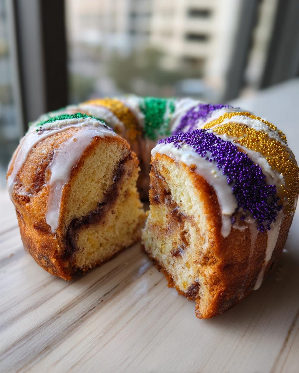 A cross-section view of a delicious King Cake showing the cinnamon swirl filling and purple, gold, and green sprinkles.