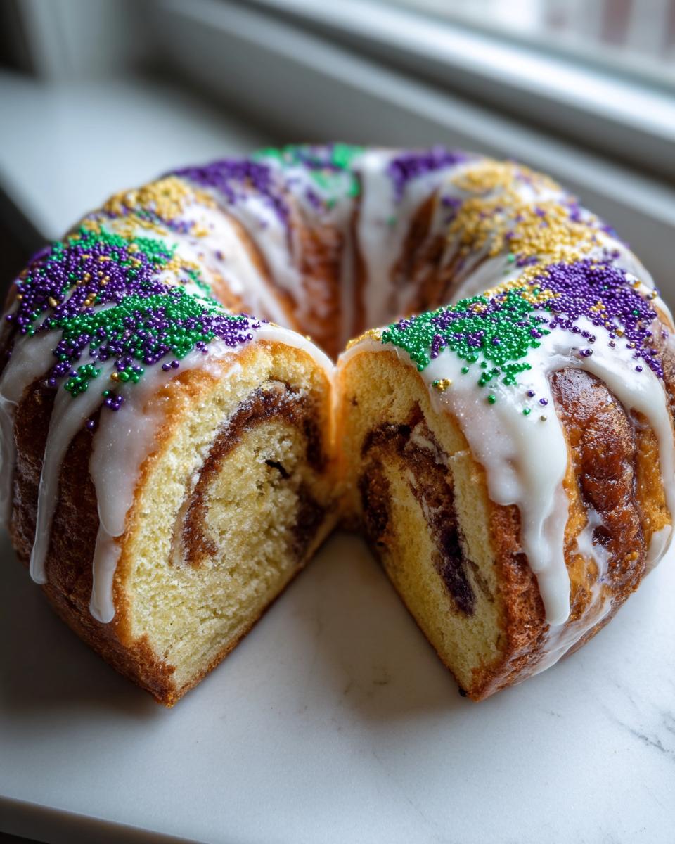 A delicious King Cake cut in half showing the cinnamon swirl filling, topped with white icing and purple, green, and gold sprinkles.