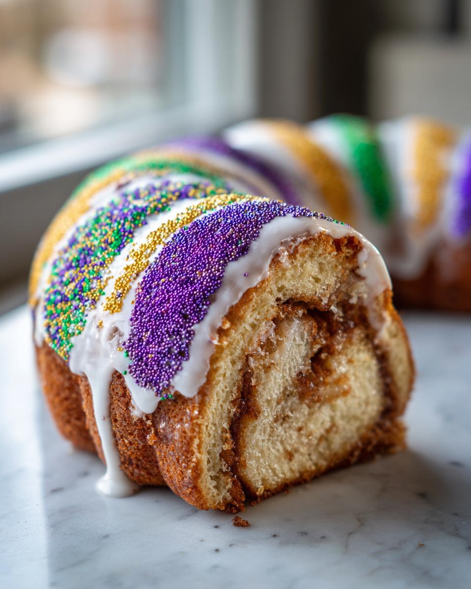 Close-up of a slice of cinnamon-swirl King Cake topped with white icing and Mardi Gras colored sprinkles.