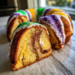Close-up of a slice of cinnamon swirl king cake showing the rich interior and purple, green, and gold sprinkles.